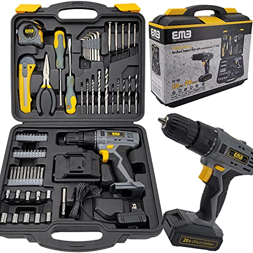 20V Speed 1300 RPM Household Lithium Battery Cordless Drill Driver Power Drill with 77 Pieces and a 1300mA Large Capacity Lithium Ion Battery Stays Powered Up 20V Speed 1300 RPM Household Lithium Battery Cordless Drill Driver Power Drill with 77 Pieces and a 1300mA Large Capacity Lithium Ion Battery Stays Powered Up